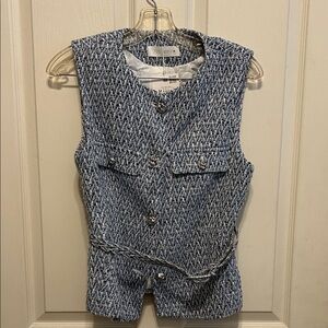 Zara Blue and White Tweed Vest with Belt